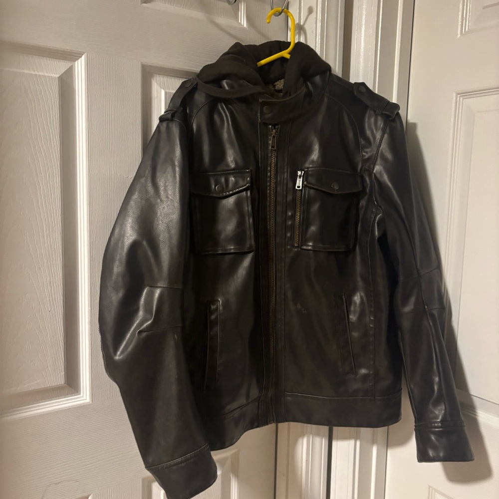 Sonoma Chocolate Brown Faux Leather Grunge Hoodie with Plush Lining Size Medium